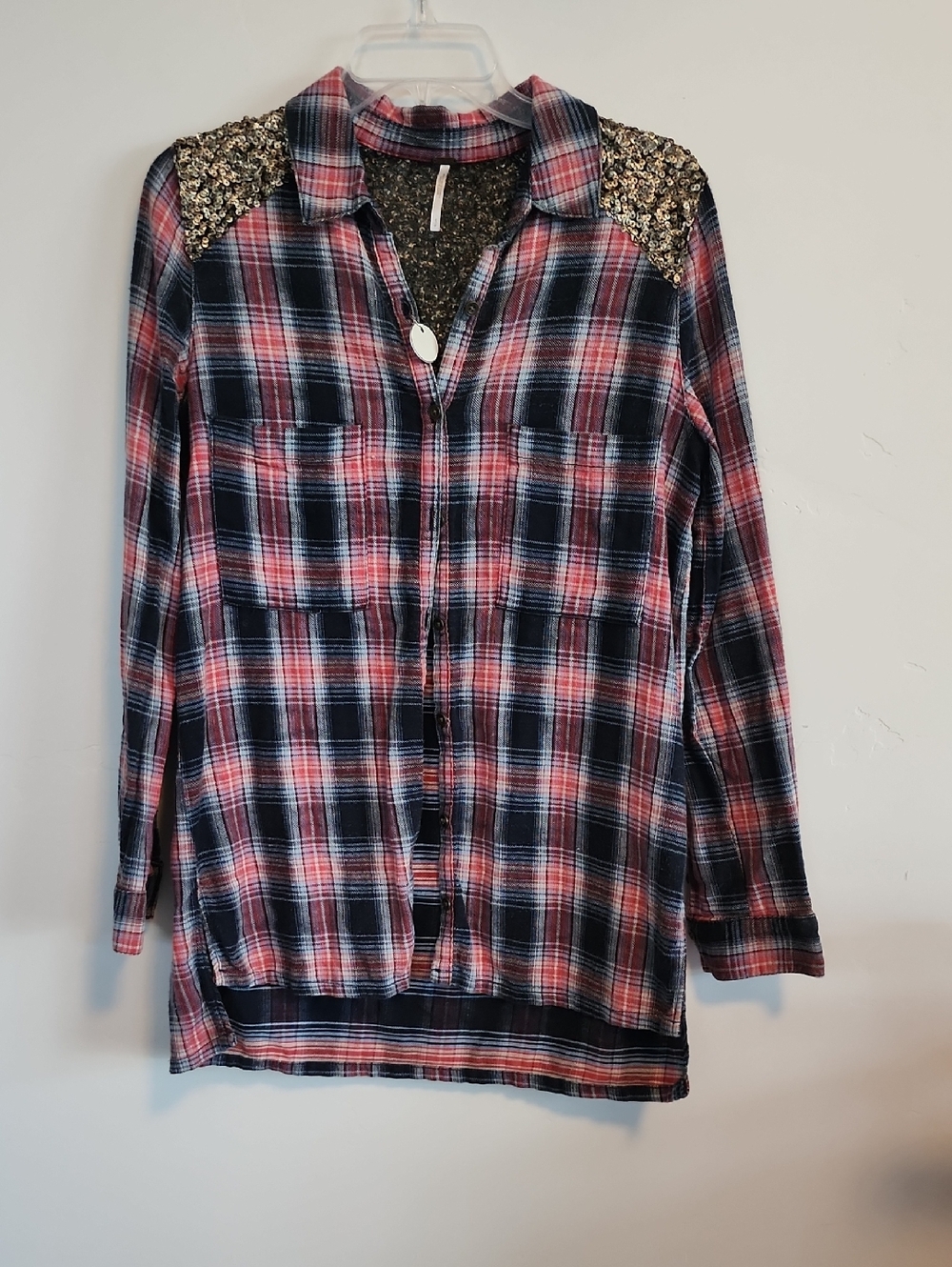 FREE people Embellished Plaid Button-Up Top - Pink, Navy, White